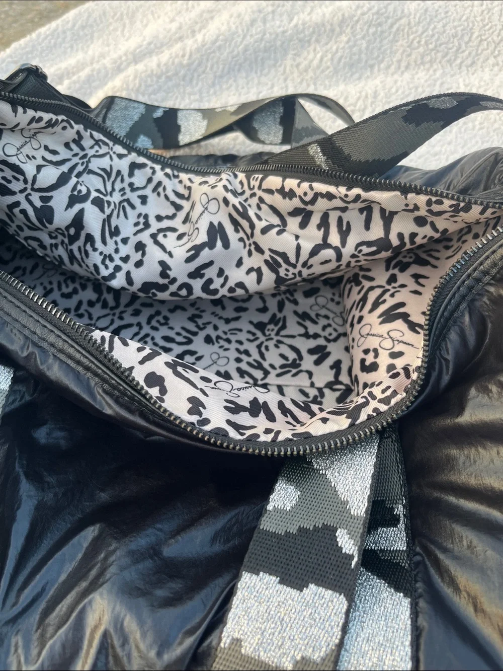 Jessica Simpson Black Quilted Duffel with Patterned Webbed Straps